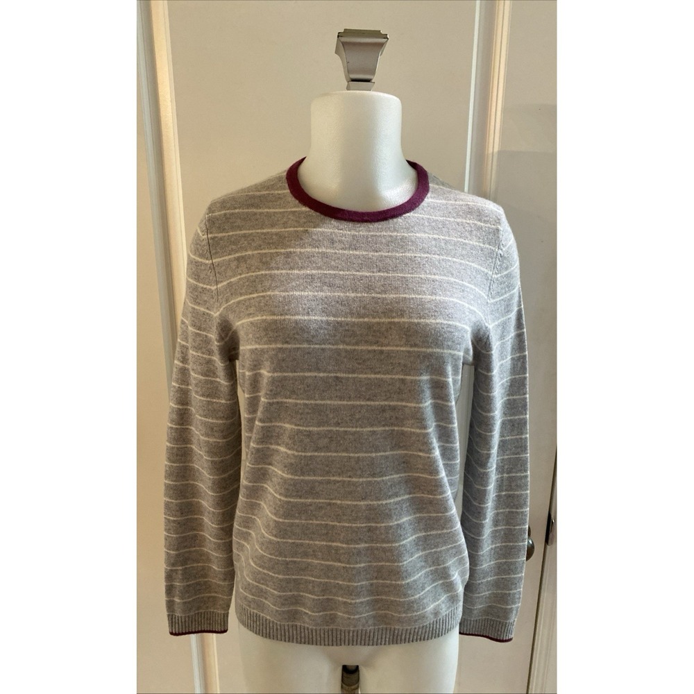 LL Bean Classic Crewneck Sweater 100% Cashmere Women's Size Small Stripe Grey